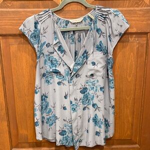 Rebecca Taylor Gray Teal Floral V-Neck Cap-Sleeve Blouse 8